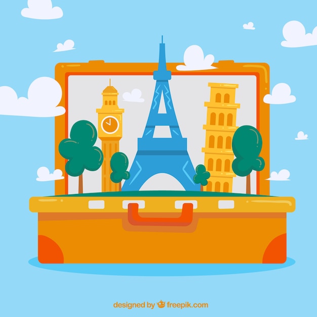 Free vector suitcase with landmarks background in hand drawn style