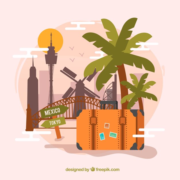 Suitcase with landmarks in flat style