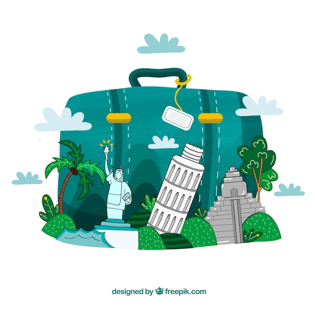 Free Vector suitcase with landmarks in hand drawn style