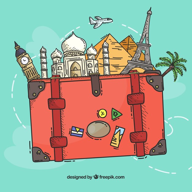 Suitcase with landmarks in hand drawn style