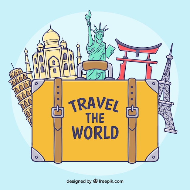 Free vector suitcase with landmarks in hand drawn style