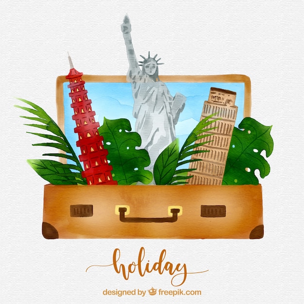 Free vector suitcase with landmarks in watercolor style