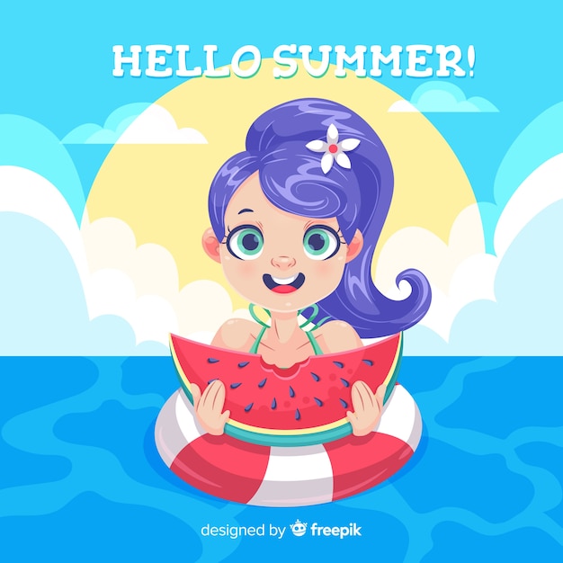 Summer background cartoon girl