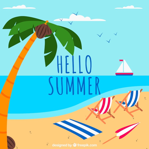 Summer background with beach and chairs in flat style