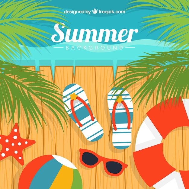 Summer background with boards and flat items