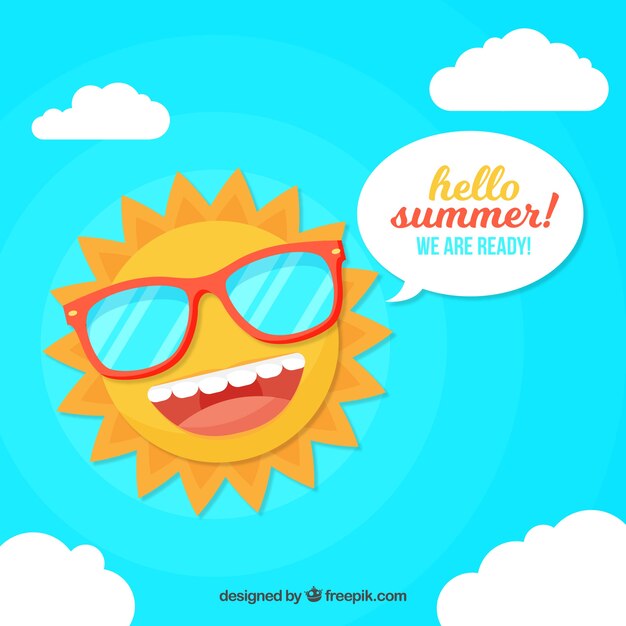 Summer background with funny sun in flat style