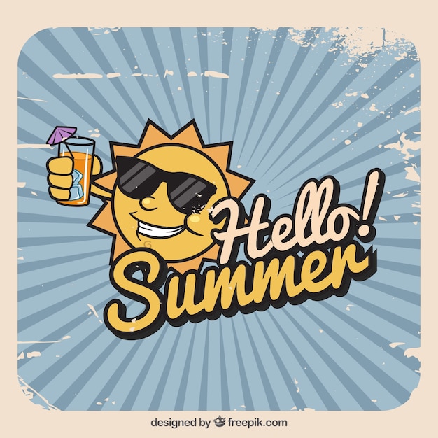 Free Vector summer background with funny sun in vintage style