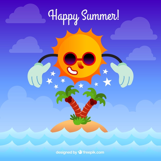 Free vector summer background with happy sun and island