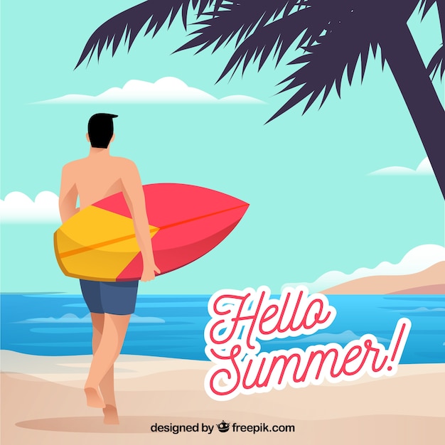 Free Vector summer background with man and surfboard