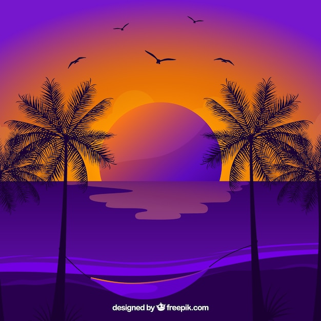 Summer background with palm trees and birds at sunset