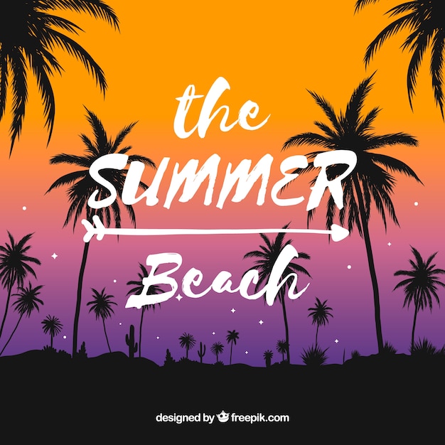 Free Vector summer background with palm trees silhouette and sunset