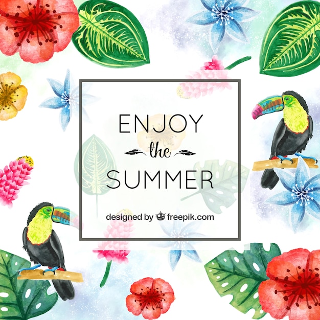 Summer background with tropical flowers and watercolor flowers