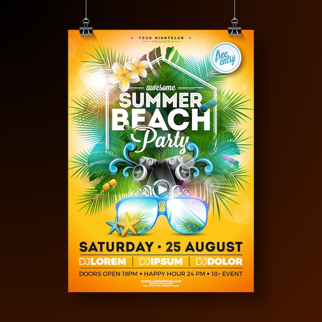 Free vector summer beach party flyer design with flower and sunglasses