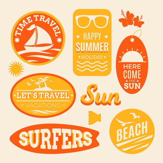 Summer beach travelling stickers in 70s style