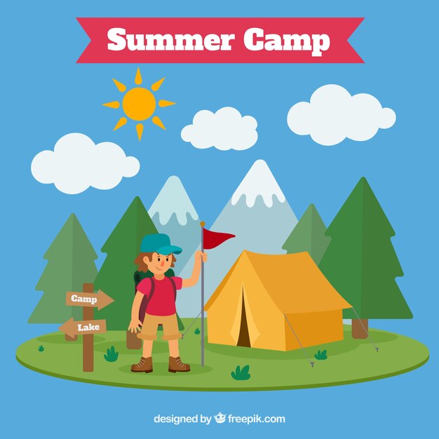 Summer camp background with boy and tent