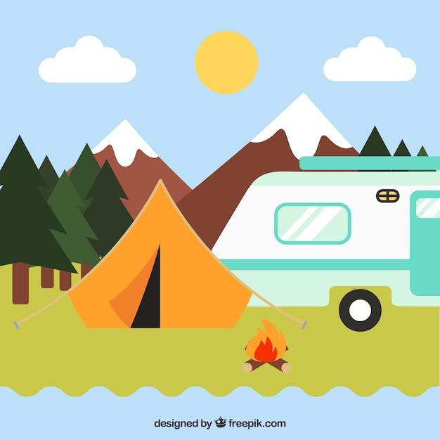 Summer camp background with caravan