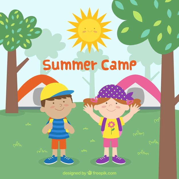 Summer camp background with happy kids