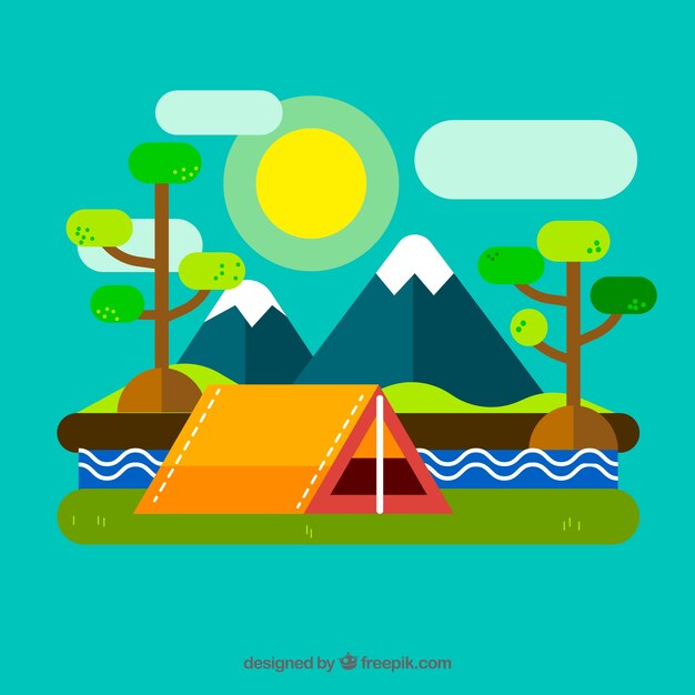 Summer camp background with landscape in flat style