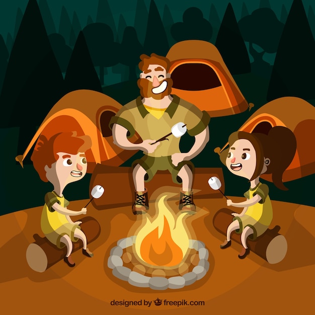 Summer camp background with people around a campfire