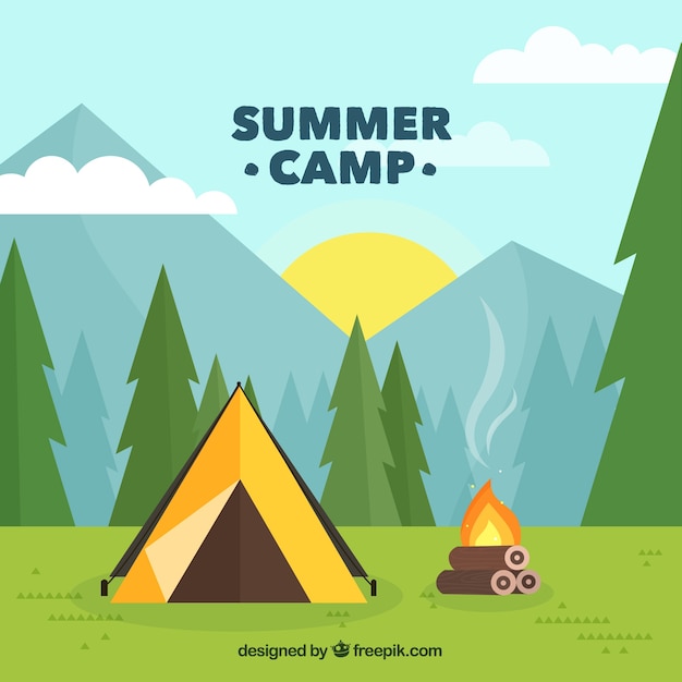 Summer camp background with tent and campfire