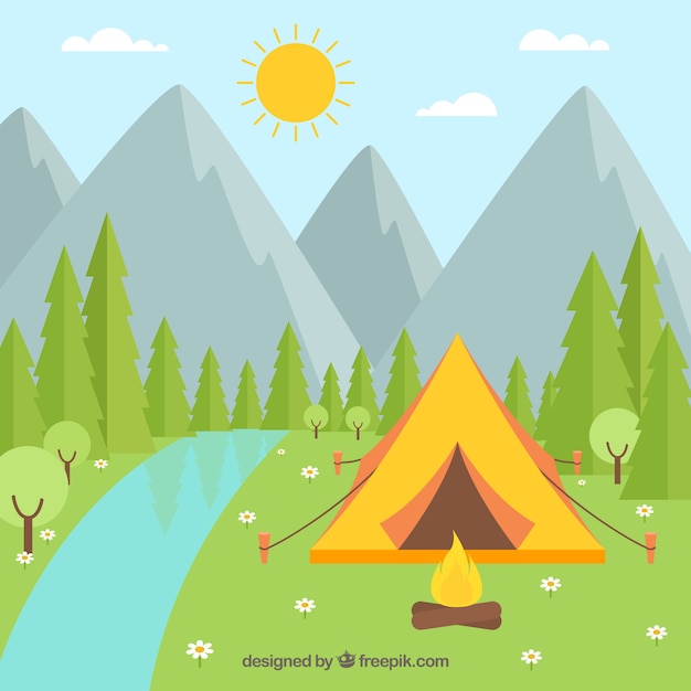 Summer camp background with tent and landscape