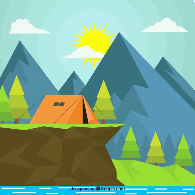 Summer camp background with tent on rocks