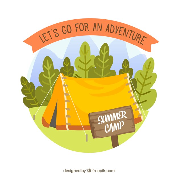 Summer camp background with tent and trees