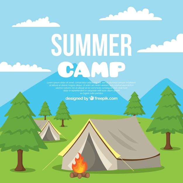 Summer camp background with tents and campfire