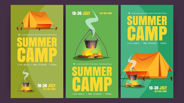 Summer camp cartoon posters with tent and campfire