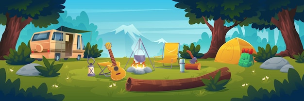 Summer camp at day time. Caravan stand at campfire with pot, tent, log, cauldron and guitar on mountain view