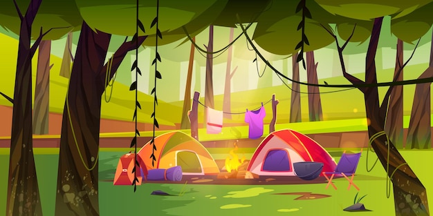 Summer camp on forest glade with tent and campfire. Vector cartoon landscape of woods or natural park with green trees and grass, camping with chair, boiler, backpack and clothesline above fire