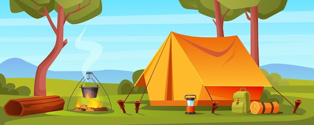 Summer camp in forest with bonfire tent backpack and lantern  cartoon landscape illustration