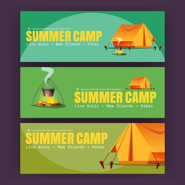 Summer camp posters with tent bonfire and bowler on green background Vector horizontal banners of hiking vacation on nature with cartoon illustration of campsite with tent cauldron and fire