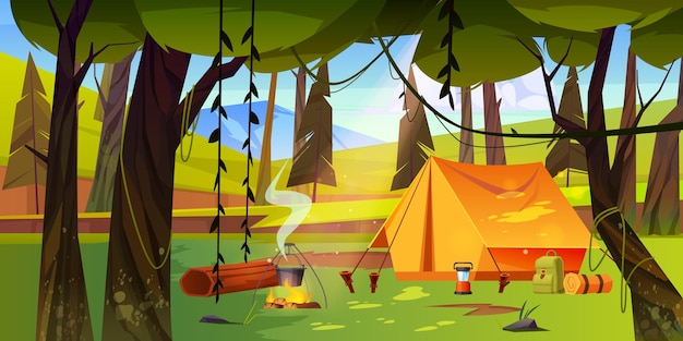 Summer camp with bonfire and tent in forest