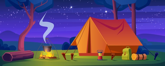 Free Vector summer camp with bonfire and tent at night