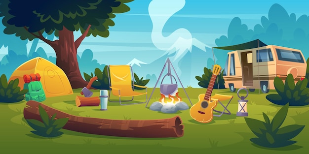 Summer camp with bonfire, tent, van, backpack, chair and guitar.