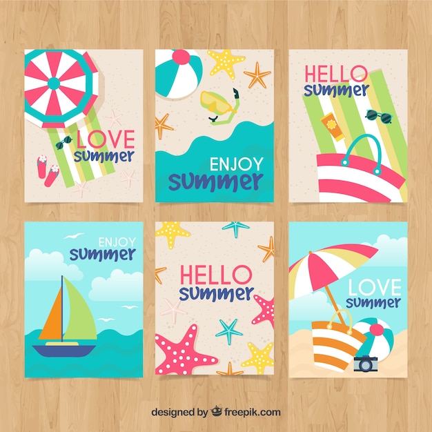 Free vector summer cards collection with beach elements