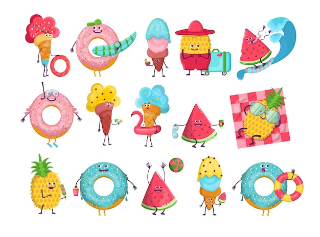 Free vector summer cartoon characters set. cartoon illustration