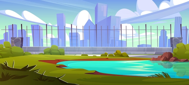 Free Vector summer cartoon city landscape with lake green grass and bushes in public park on background of highrise buildings vector natural scene of town garden with water pond calm sunny cityscape