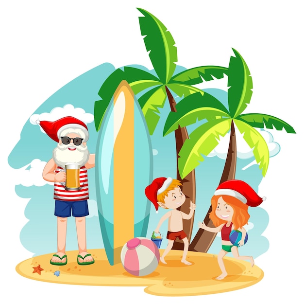 Free Vector summer christmas with santa claus and children