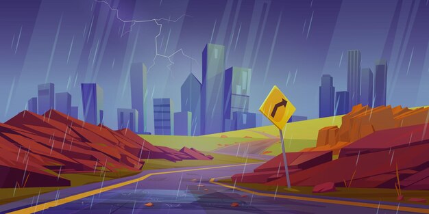 Summer city landscape with curve road and red rock cartoon vector background Western highway with route to metropolis Empty urban rainy panorama with turn sign direction to american cityscape