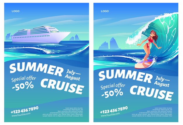 Summer cruise flyers set with ship and surfer girl.