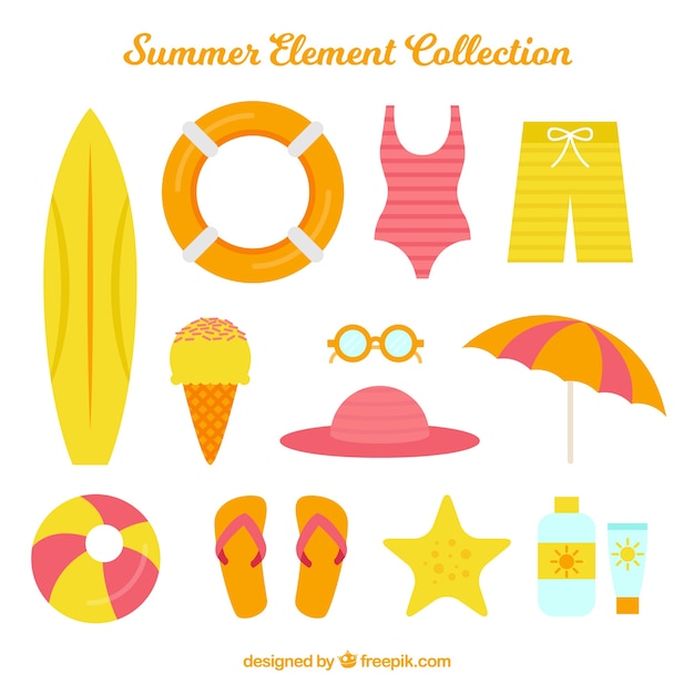 Summer elements collection with clothes and food in flat style