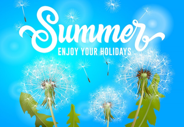 Summer enjoy your holidays banner with blowing dandelions on sky blue background