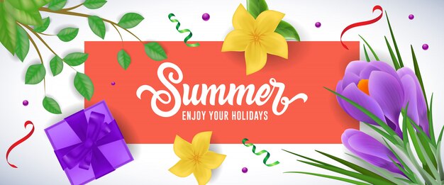 Summer enjoy your holidays lettering in red frame with gift box, flowers and twigs