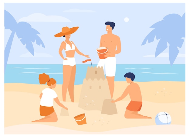 Free Vector summer family activities . children, mom and dad making sandcastle on beach. for tropical resort, holiday, tourism