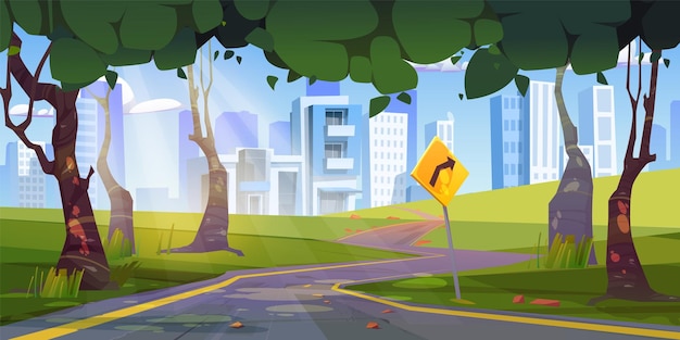 Summer forest highway to modern city Vector cartoon illustration of road perspective with traffic arrow sign green foliage on trees sunny sky above modern cityscape urban buildings on horizon