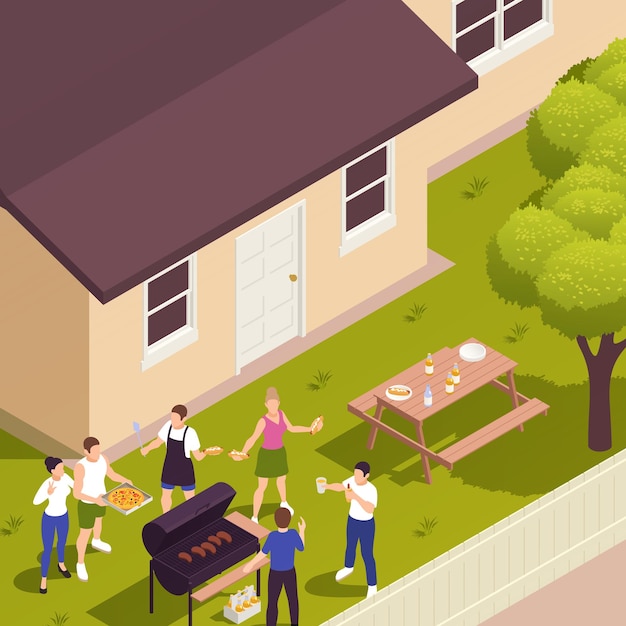 Free Vector summer front yard lawn family picnic isometric view with barbecue meat grilling guests bringing pizza illustration