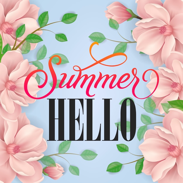 Free Vector summer hello lettering. tender background with pink flower and twigs.