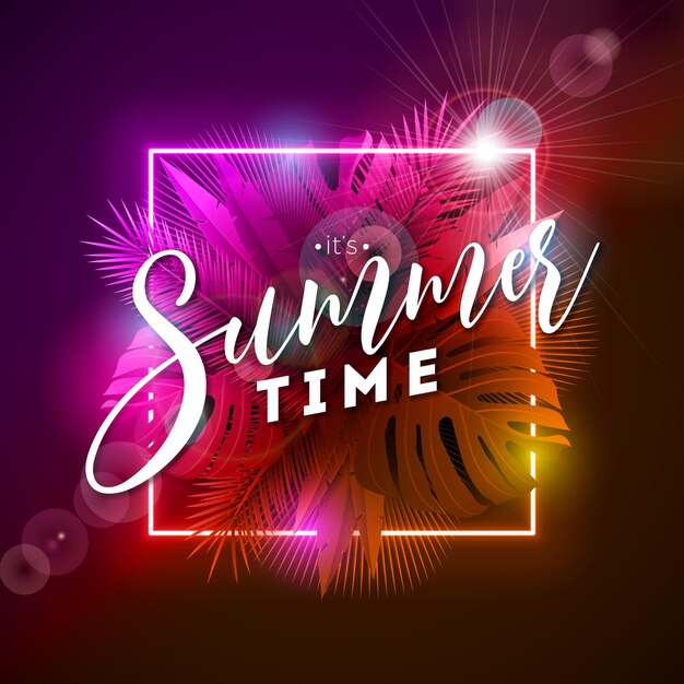 Summer Holiday Design with Glowing Neon Light and Tropical Palm Leaves on Dark Background